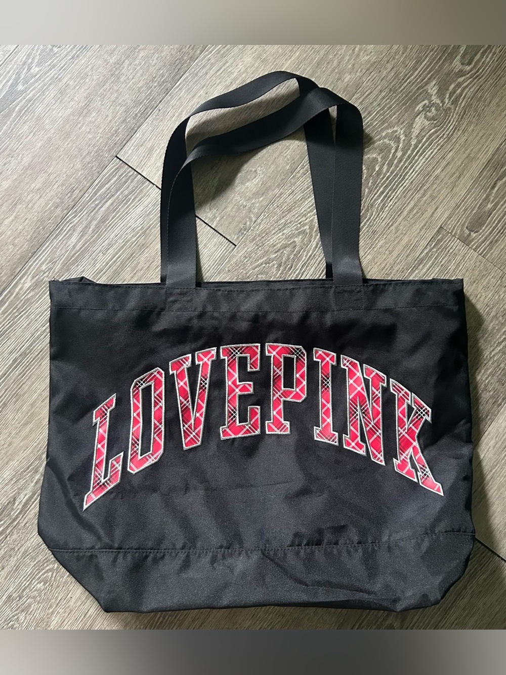 PINK Victoria's Secret Black Tote with Red Plaid LOVE PINK Logo